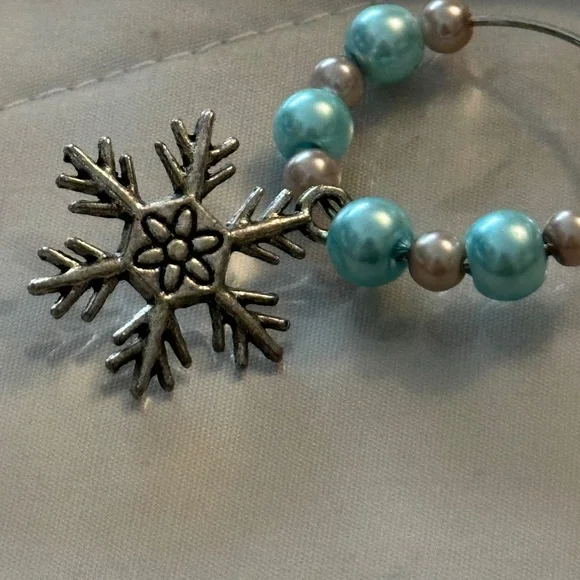 3/$15 Wine glass tag Stainless steel hoop. Light blue/gray beads snowflake charm - Picture 8 of 8